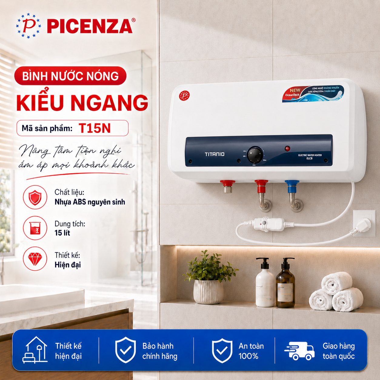 Bình nước nóng kiểu ngang T15N - ảnh 1