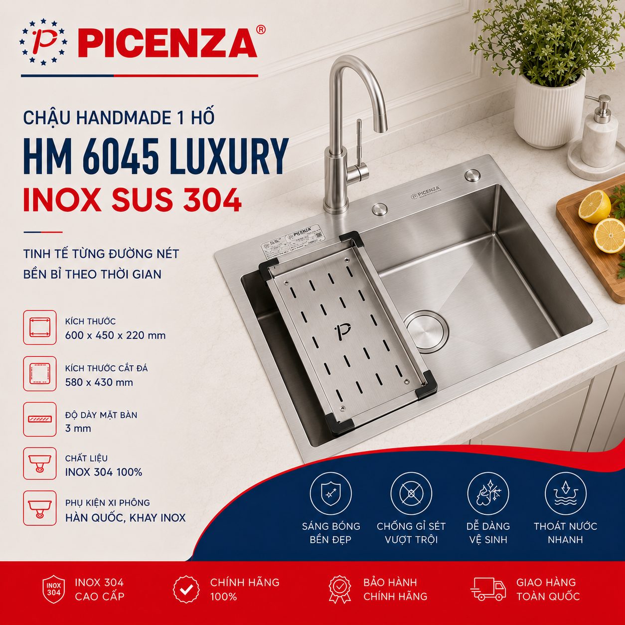 Chậu Handmade 1 hố HM 6045 Luxury SUS 304 - ảnh 1