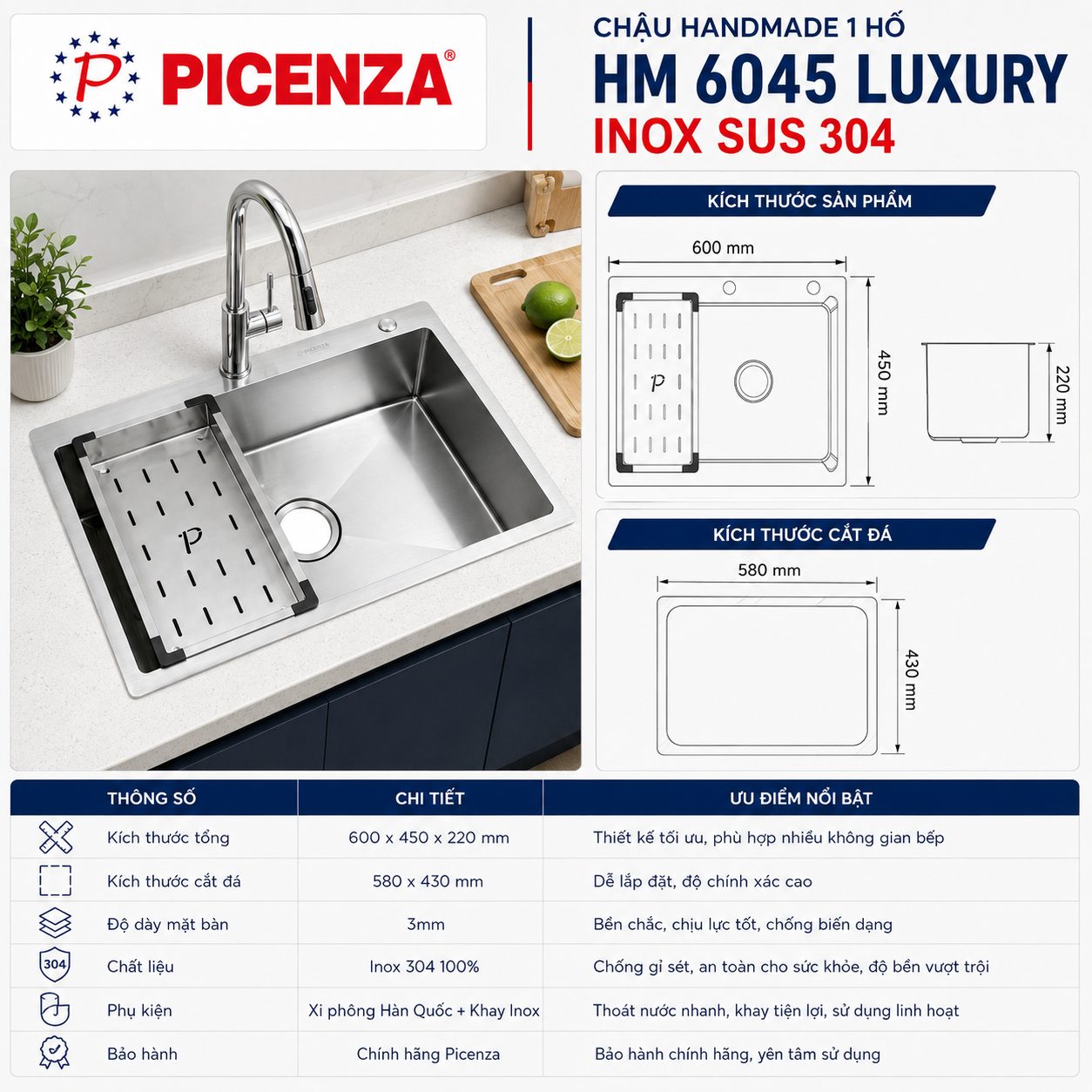 Chậu Handmade 1 hố HM 6045 Luxury SUS 304 - ảnh 2