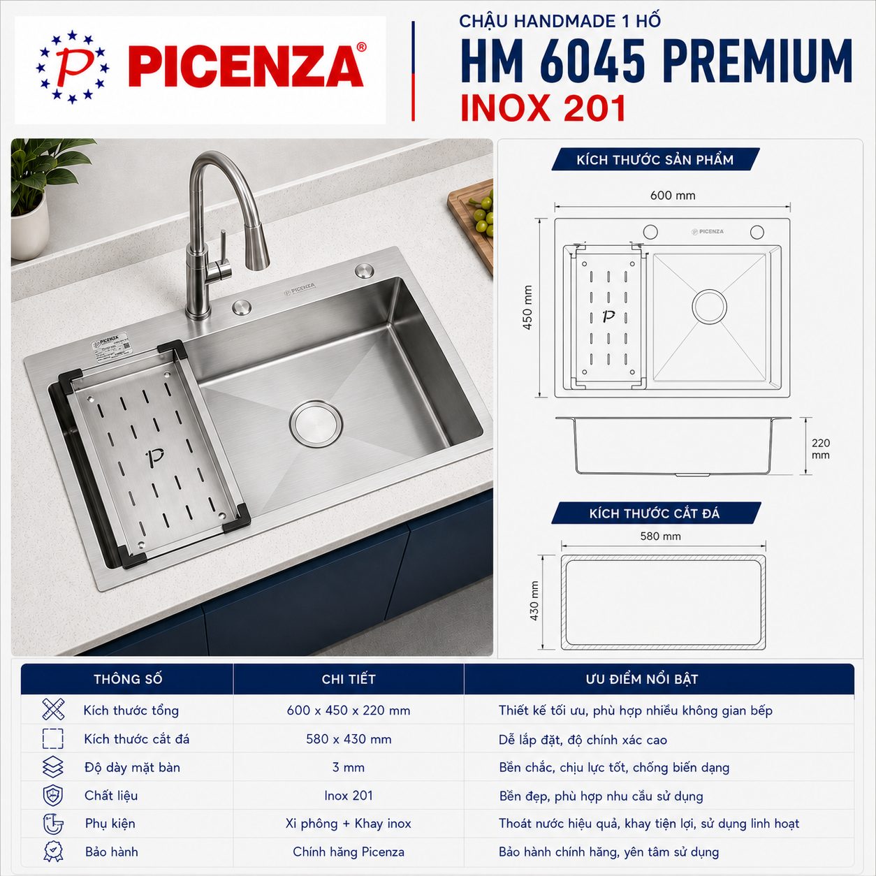 Chậu Handmade 1 hố HM 6045 Premium - ảnh 2