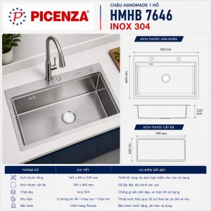 Chậu Handmade 1 hố HMHB 7646 SUS 304 - ảnh 2