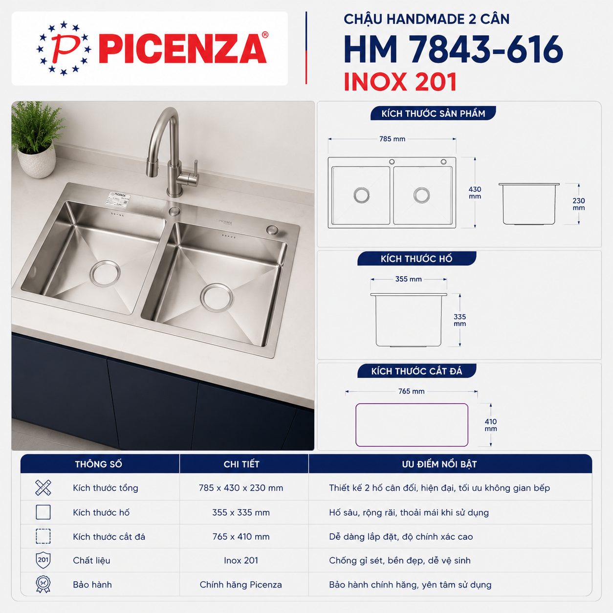 Chậu Handmade 2 hố cân HM 7843-616 - ảnh 2