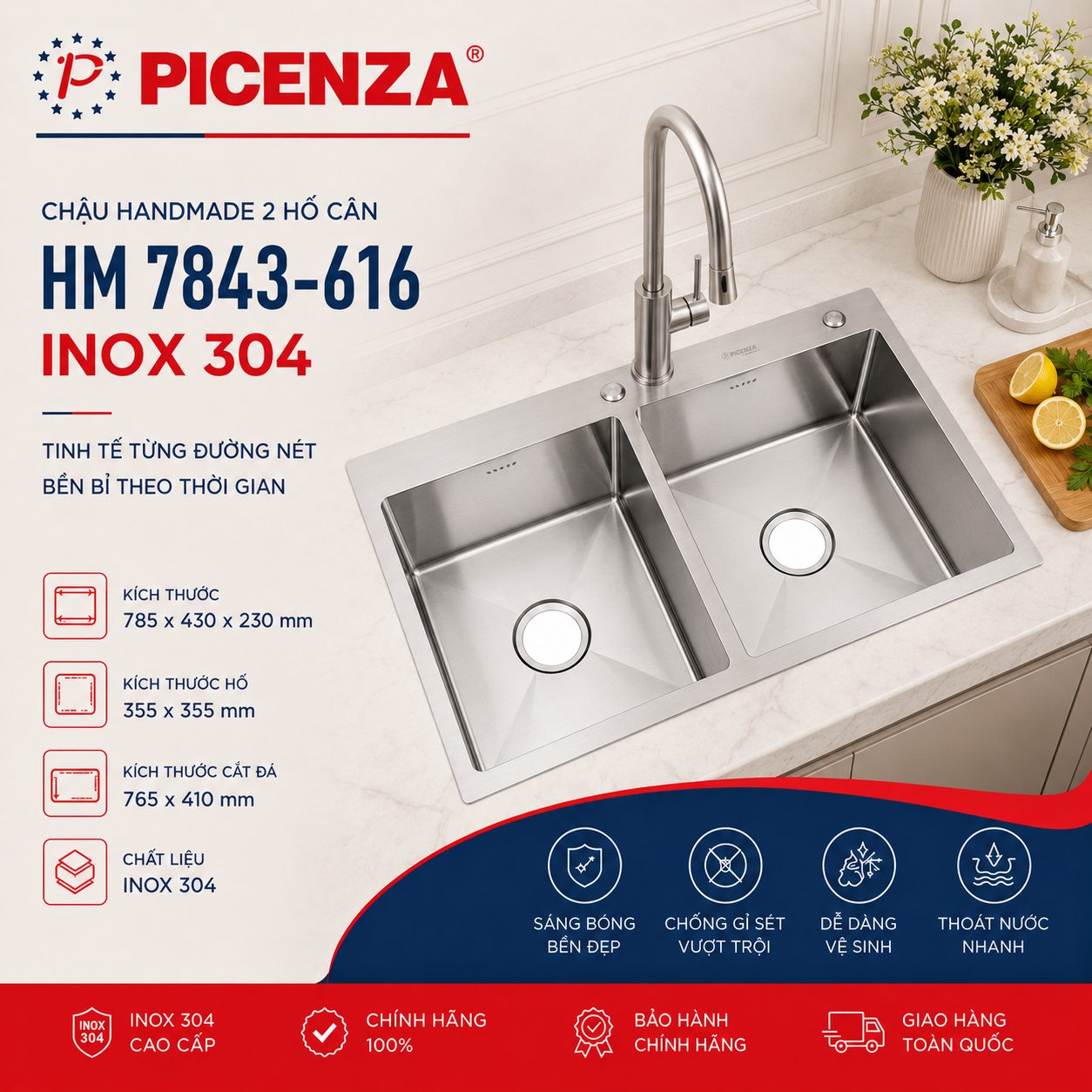 Chậu Handmade 2 hố cân HM 7843-616 inox 304 - ảnh 1