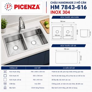 Chậu Handmade 2 hố cân HM 7843-616 inox 304 - ảnh 2