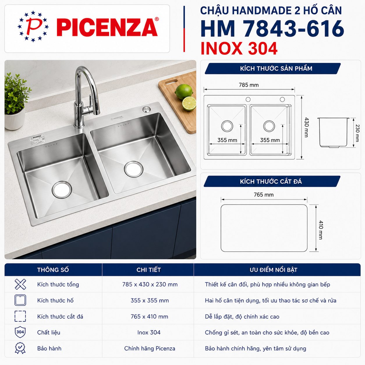 Chậu Handmade 2 hố cân HM 7843-616 inox 304 - ảnh 2