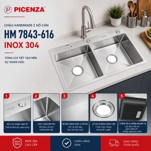Chậu Handmade 2 hố cân HM 7843-616 inox 304 - ảnh 3