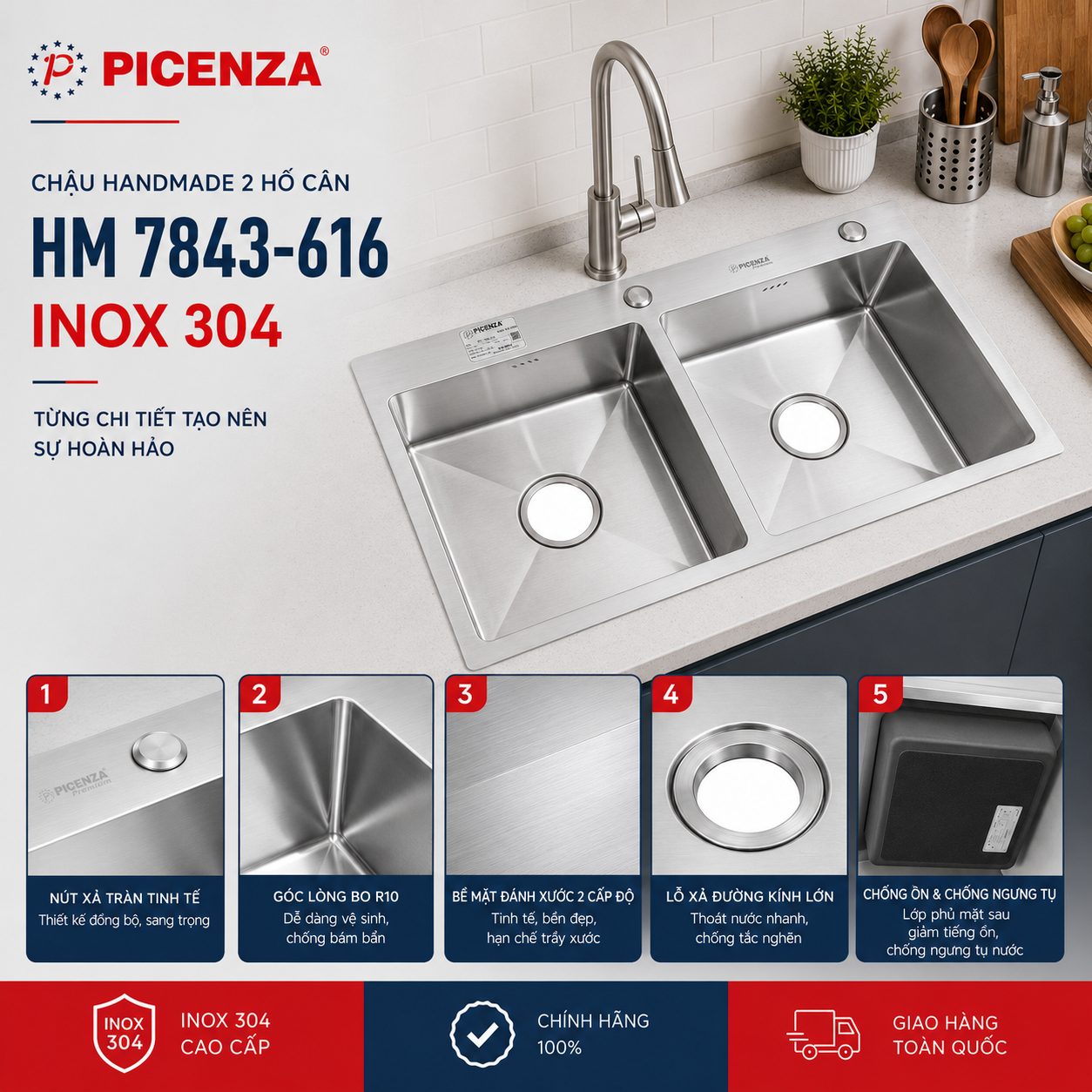 Chậu Handmade 2 hố cân HM 7843-616 inox 304 - ảnh 3