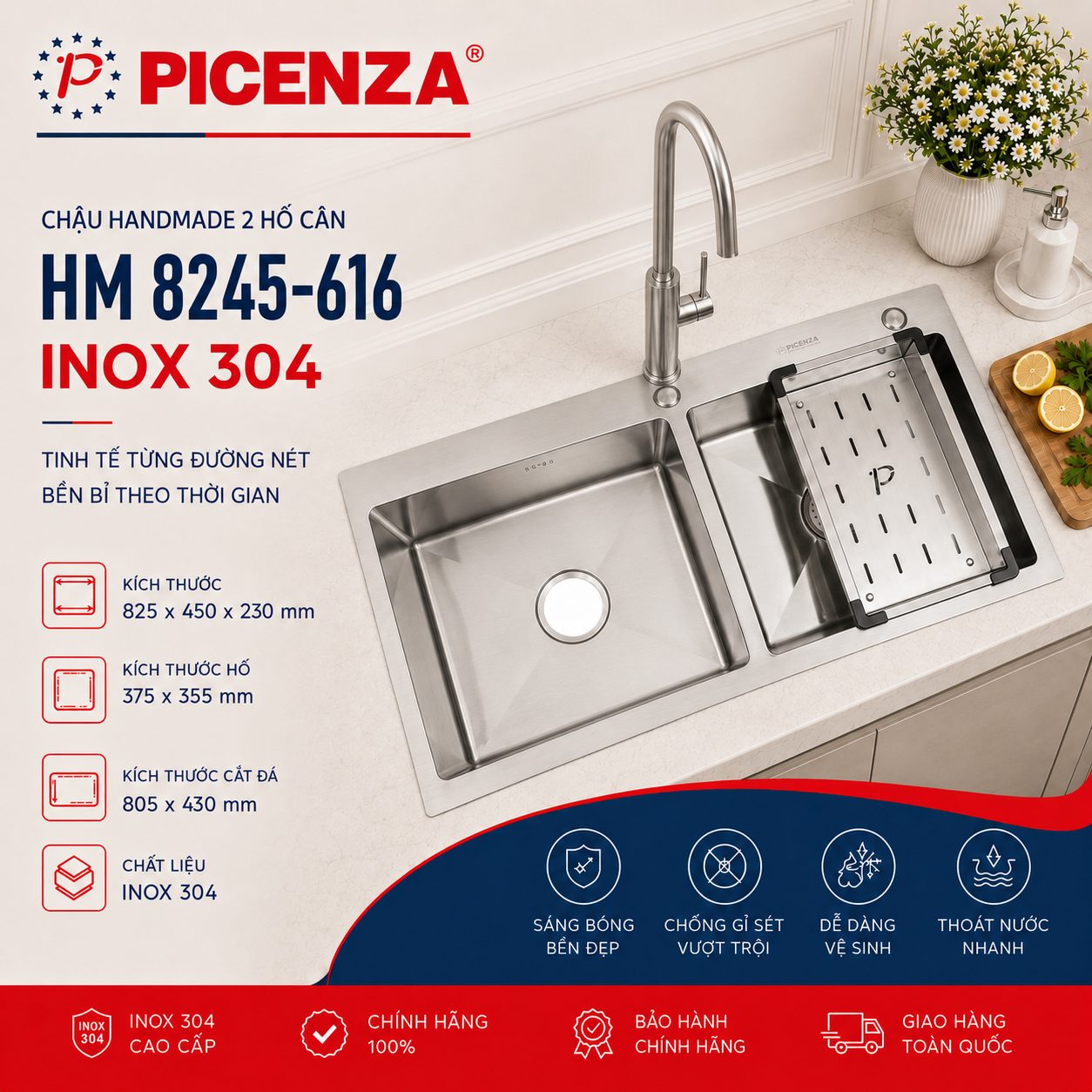 Chậu Handmade 2 hố cân HM 8245 – 616 inox 304 - ảnh 1