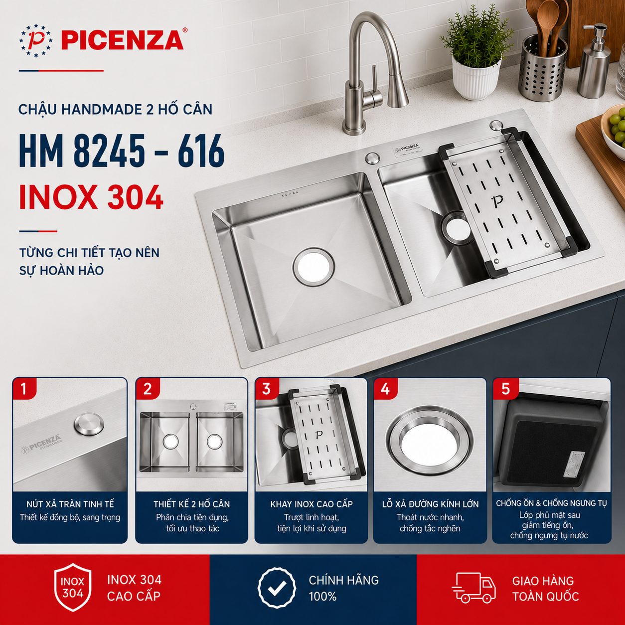 Chậu Handmade 2 hố cân HM 8245 – 616 inox 304 - ảnh 3