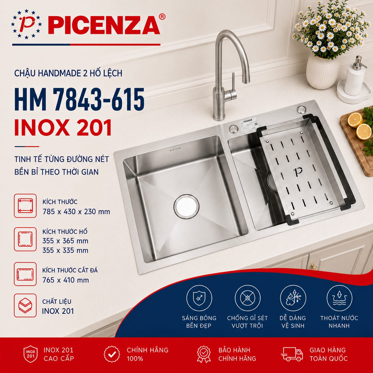 Chậu Handmade 2 hố lệch HM 7843-615 - ảnh 1