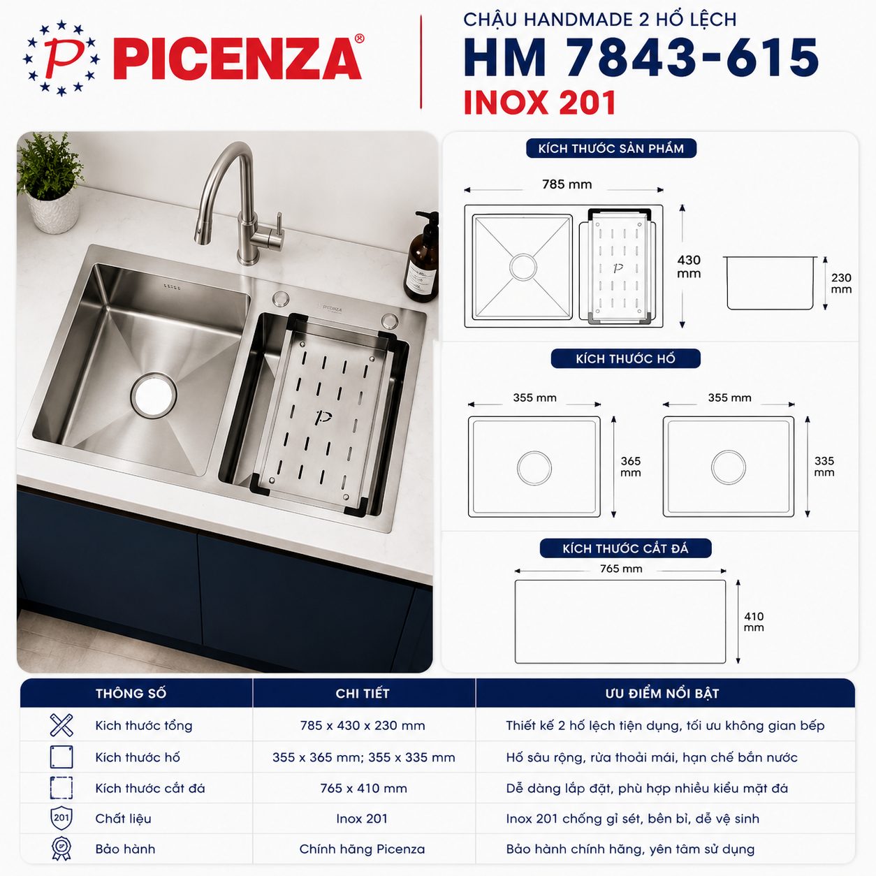 Chậu Handmade 2 hố lệch HM 7843-615 - ảnh 2