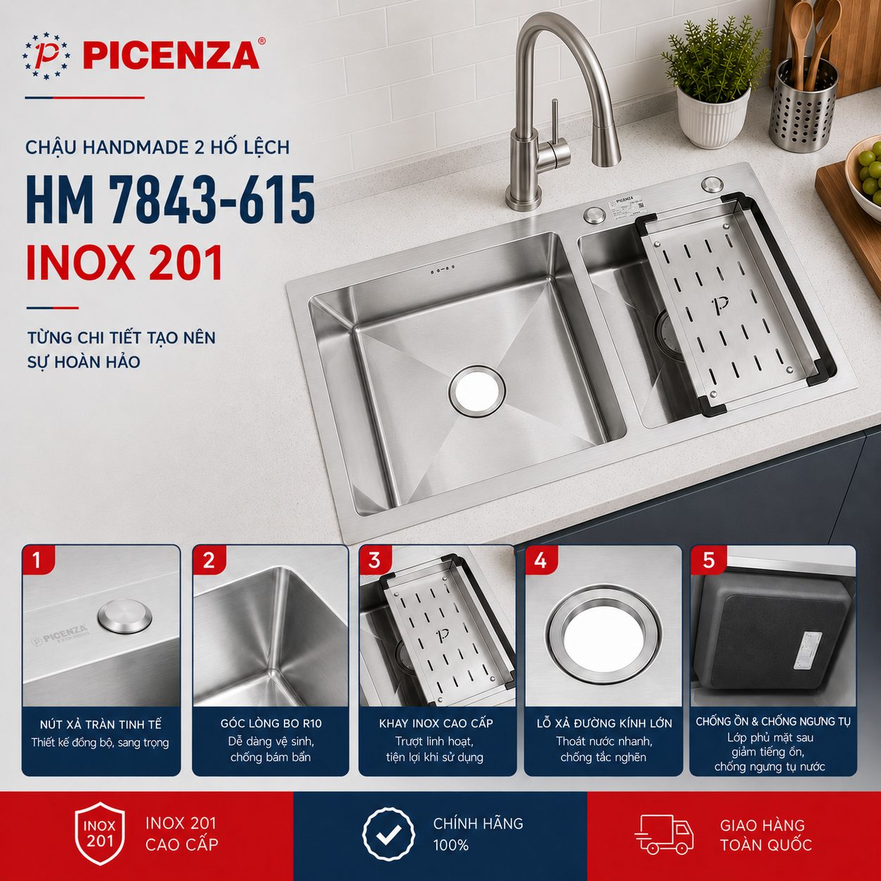 Chậu Handmade 2 hố lệch HM 7843-615 - ảnh 3