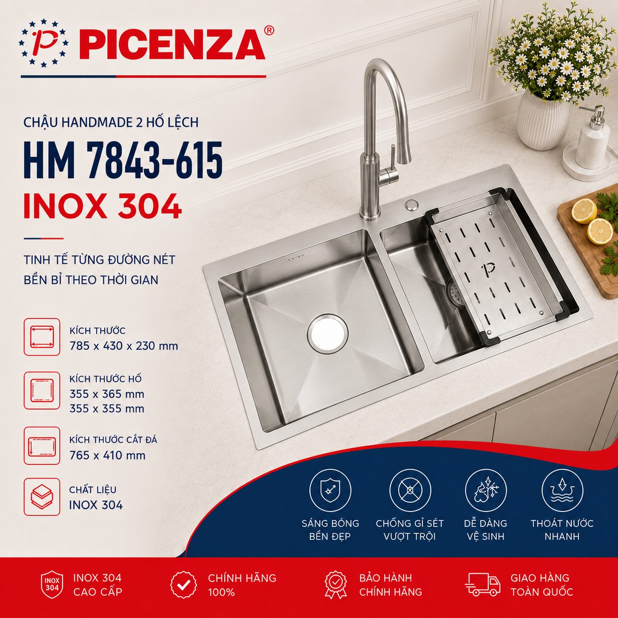 Chậu Handmade 2 hố lệch HM 7843-615 inox 304 - ảnh 1