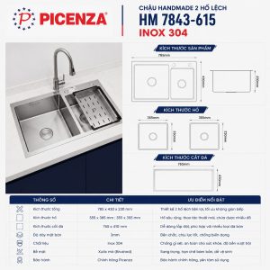 Chậu Handmade 2 hố lệch HM 7843-615 inox 304 - ảnh 2