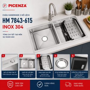 Chậu Handmade 2 hố lệch HM 7843-615 inox 304 - ảnh 3