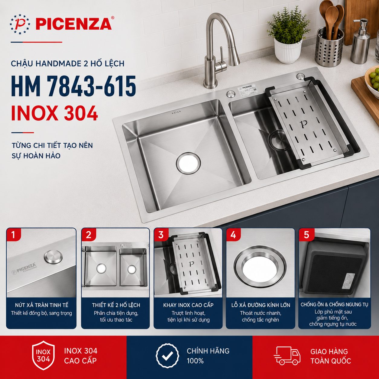 Chậu Handmade 2 hố lệch HM 7843-615 inox 304 - ảnh 3