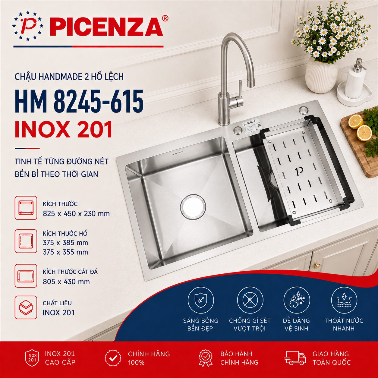 Chậu Handmade 2 hố lệch HM 8245 – 615 - ảnh 1