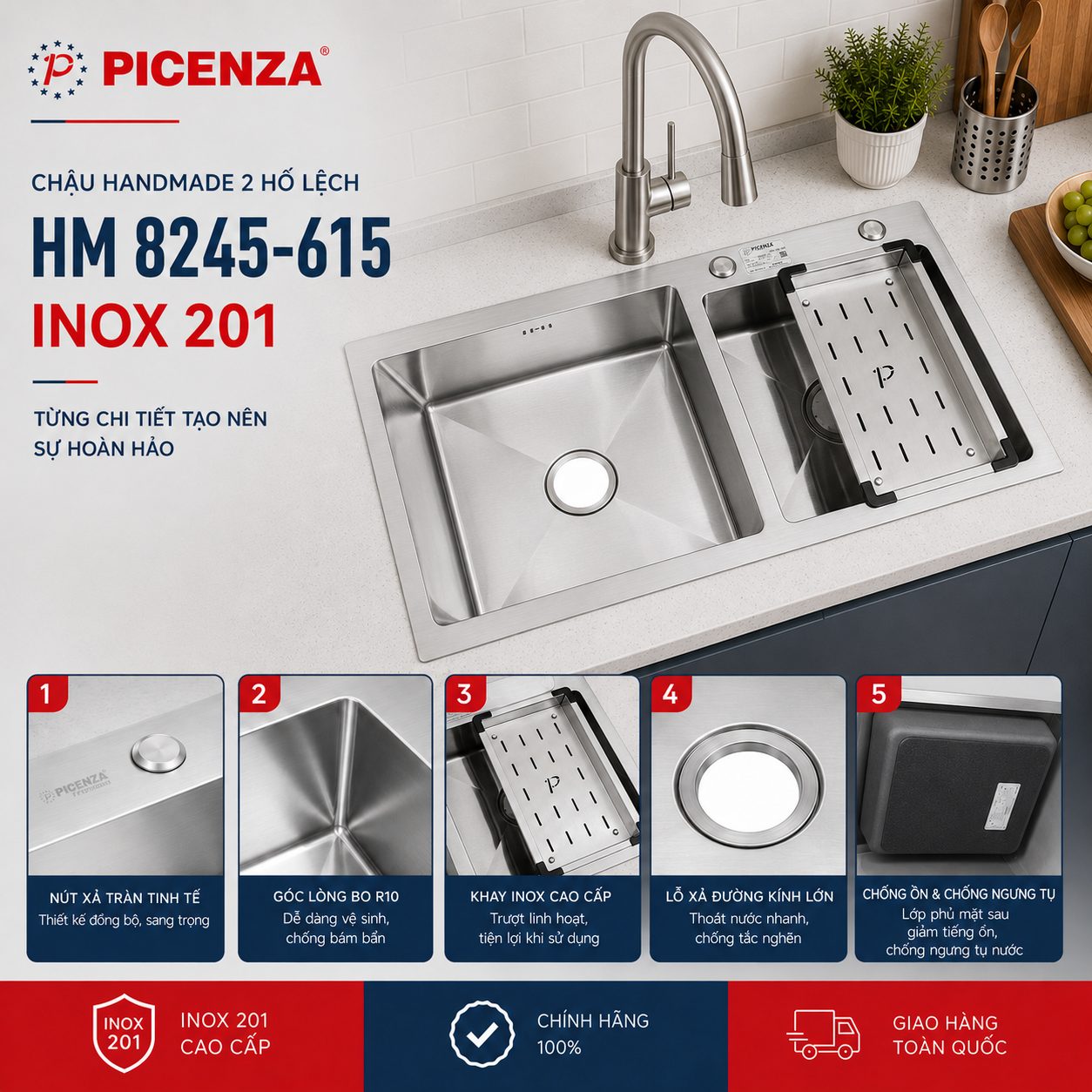 Chậu Handmade 2 hố lệch HM 8245 – 615 - ảnh 3