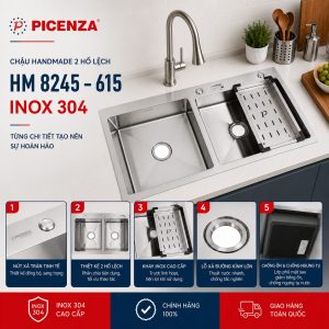 Chậu Handmade 2 hố lệch HM 8245 – 615 inox 304 - ảnh 3