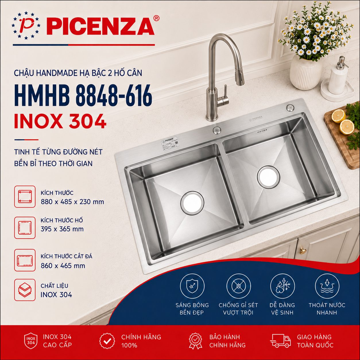 Chậu Handmade hạ bậc 2 hố cân HMHB 8848 – 616 inox 304 - ảnh 1