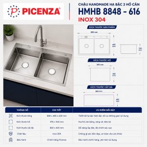 Chậu Handmade hạ bậc 2 hố cân HMHB 8848 – 616 inox 304 - ảnh 2