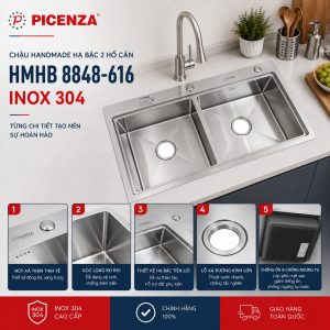 Chậu Handmade hạ bậc 2 hố cân HMHB 8848 – 616 inox 304 - ảnh 3