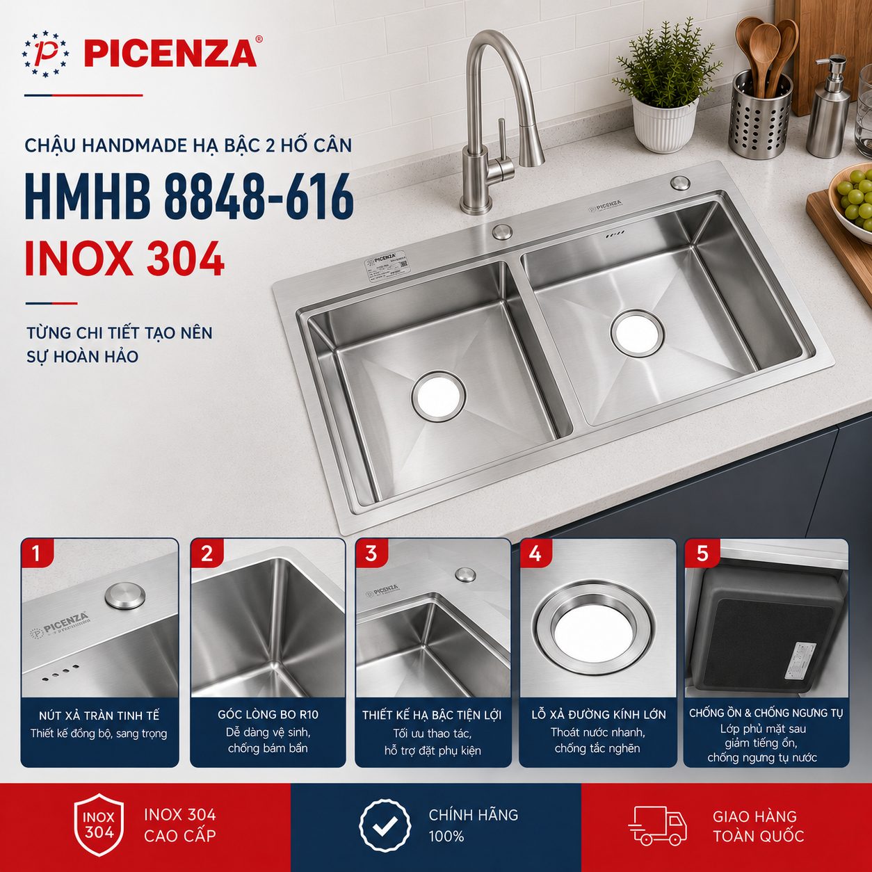 Chậu Handmade hạ bậc 2 hố cân HMHB 8848 – 616 inox 304 - ảnh 3
