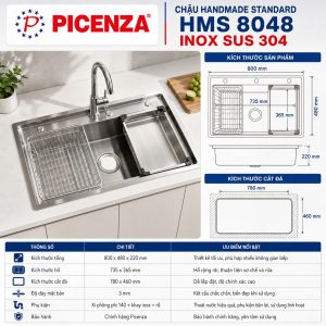 Chậu Handmade Standard inox SUS 304 HMS 8048 - ảnh 2