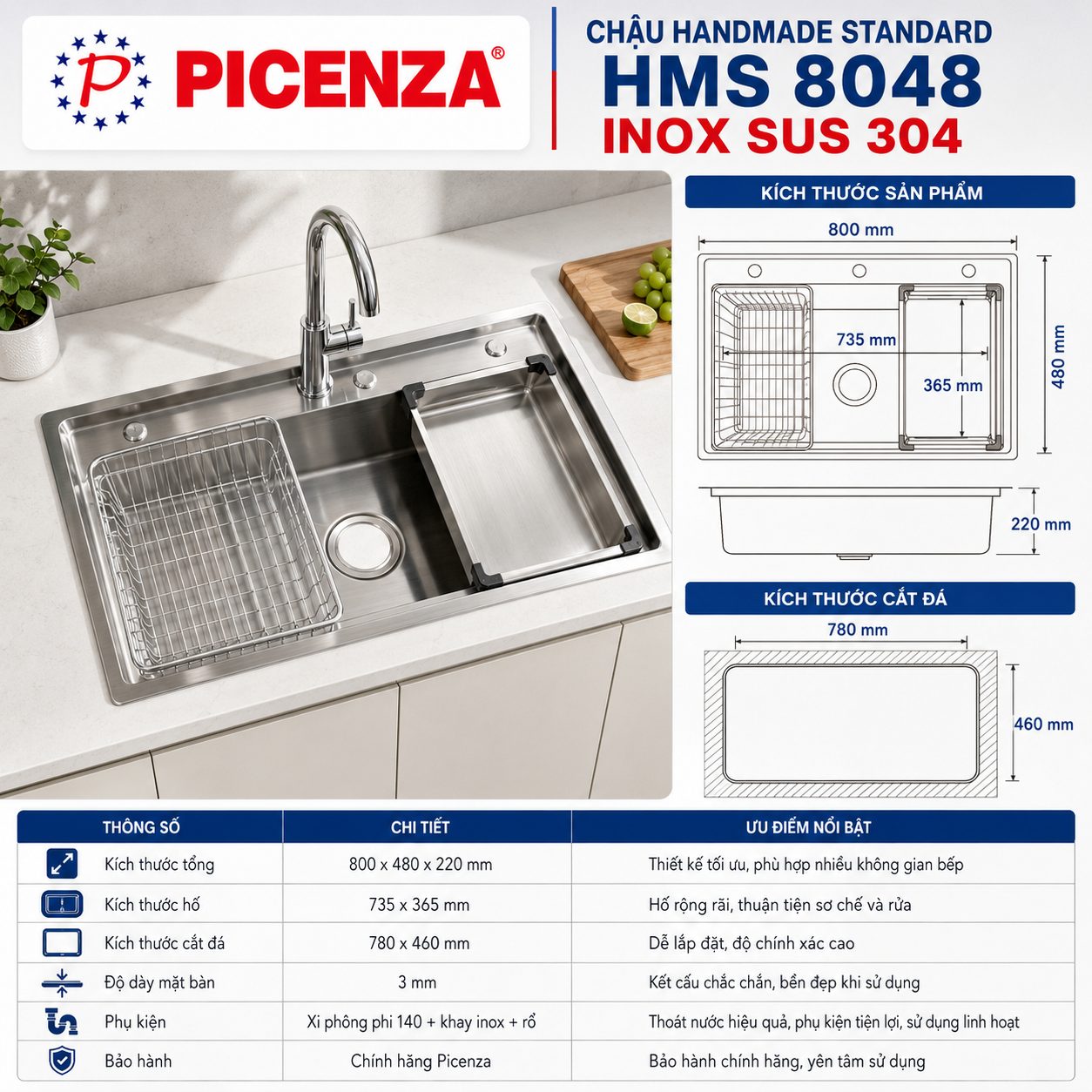 Chậu Handmade Standard inox SUS 304 HMS 8048 - ảnh 2