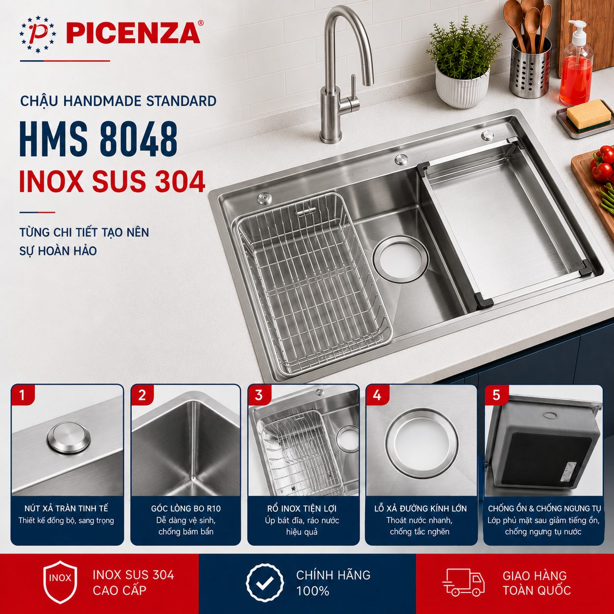 Chậu Handmade Standard inox SUS 304 HMS 8048 - ảnh 3