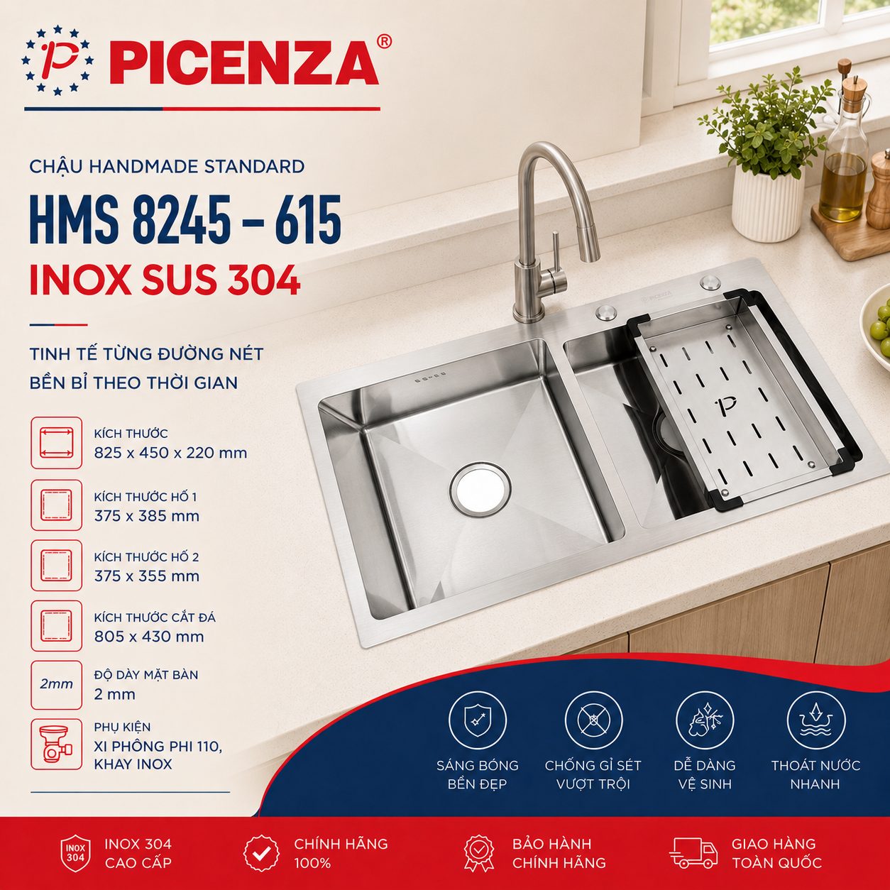 Chậu Handmade Standard inox SUS 304 HMS 8245 – 615 - ảnh 1