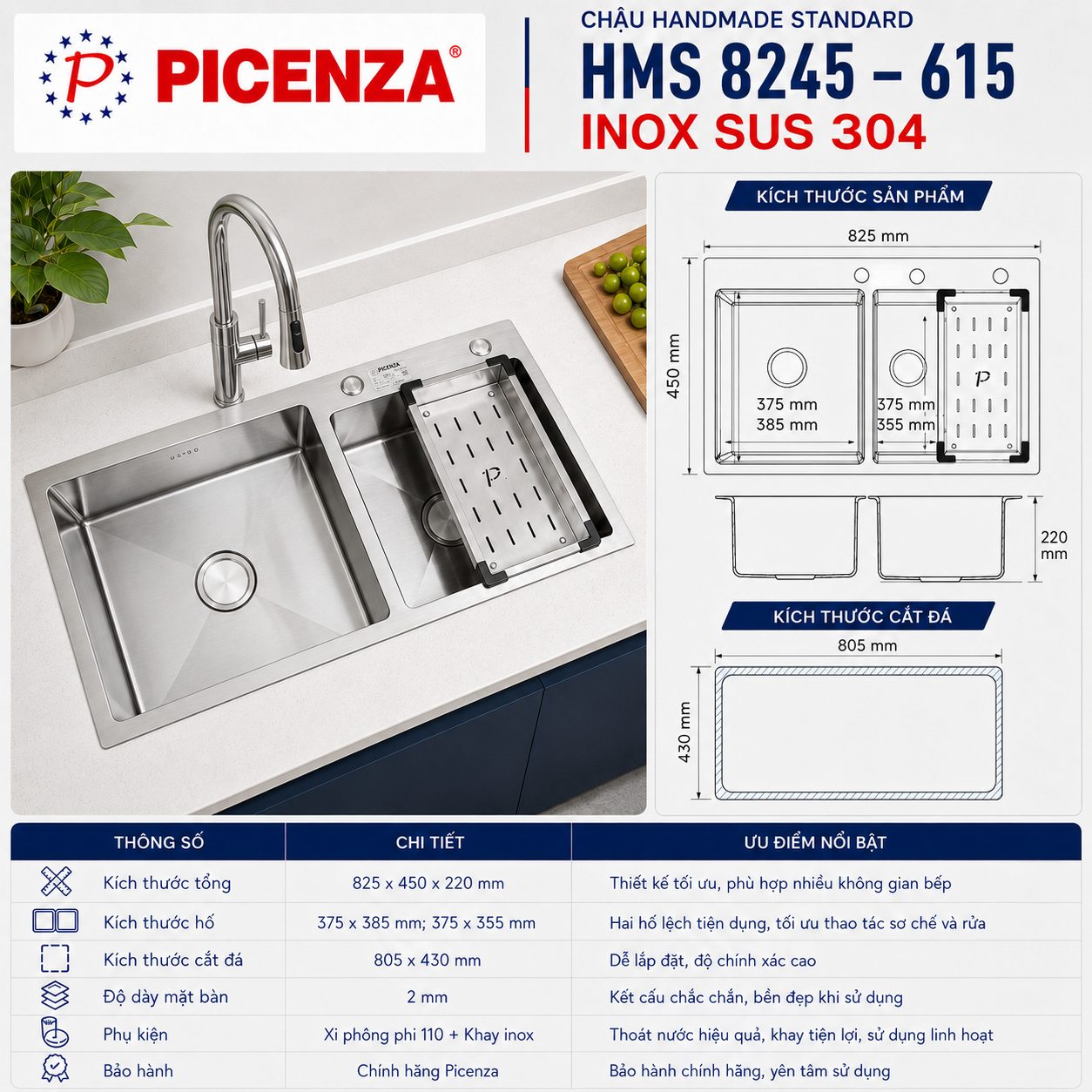 Chậu Handmade Standard inox SUS 304 HMS 8245 – 615 - ảnh 2