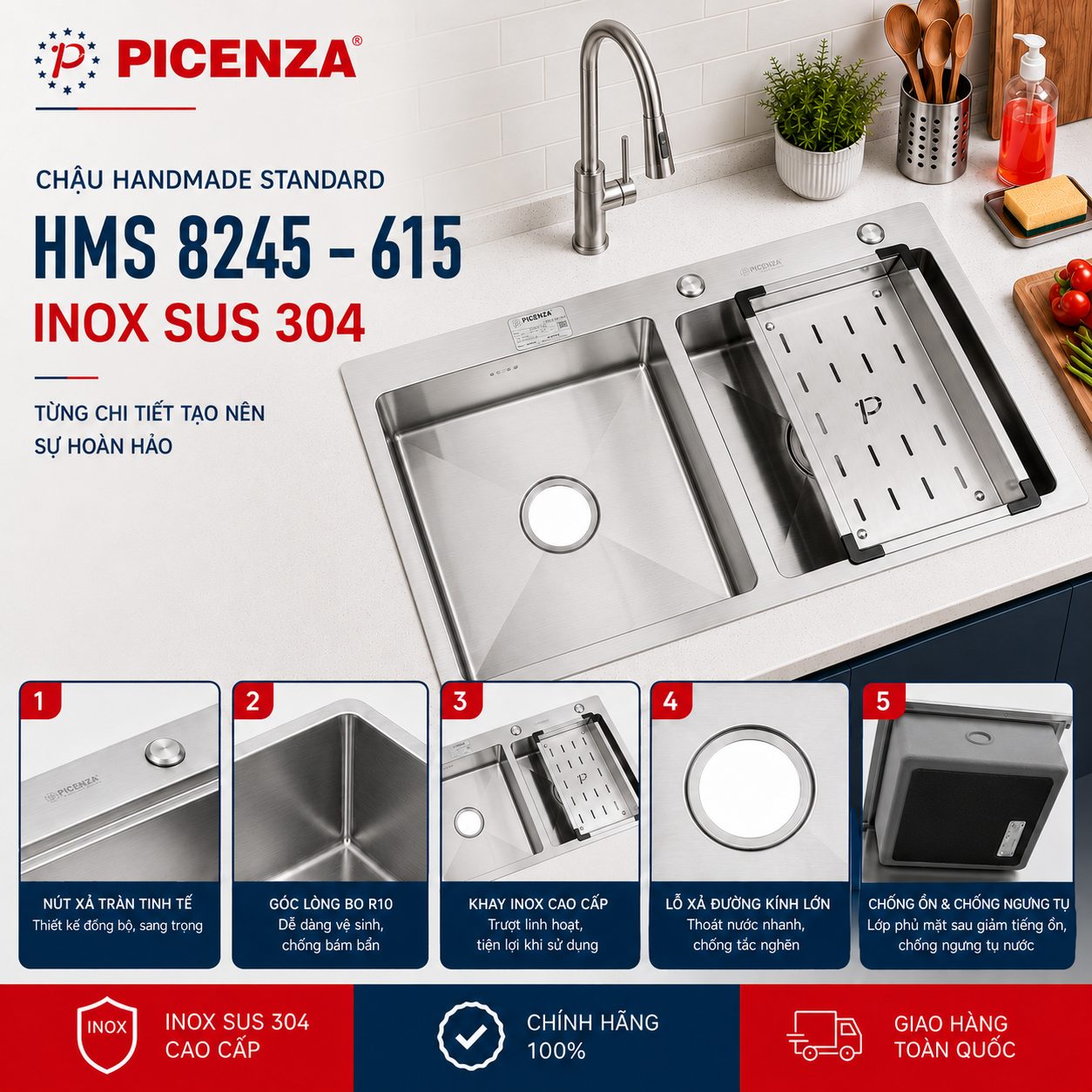 Chậu Handmade Standard inox SUS 304 HMS 8245 – 615 - ảnh 3