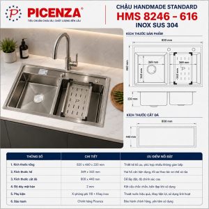Chậu Handmade Standard inox SUS 304 HMS 8246 – 616 - ảnh 2
